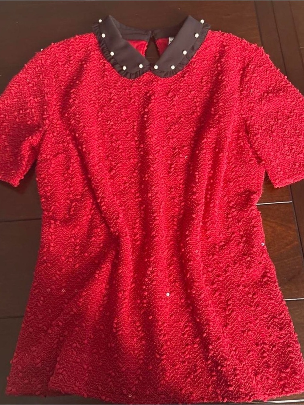 Elle Red Textured Short-Sleeve  with white Pearl Collar